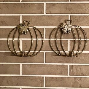 Vintage Pumpkin Wall Hanging Candlestick Holders in Gold Lot of 2